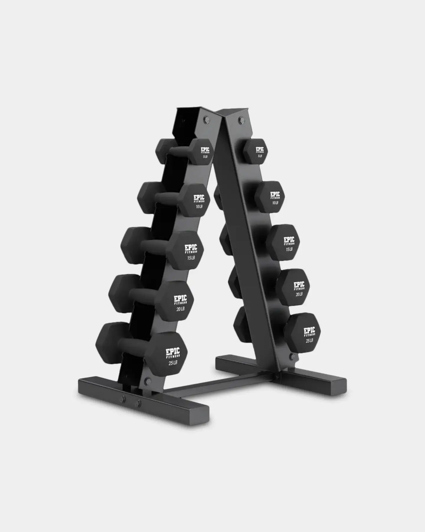 Epic Fitness Epic Fitness 150-Pound Neoprene Hex Dumbbell Set With Heavy Duty A-Frame Rack 3 Epic Fitness Epic Fitness 150-Pound Neoprene Hex Dumbbell Set With Heavy Duty A-Frame Rack