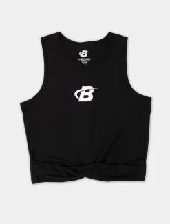 Bodybuilding.com Clothing Women's Crop Front-Tie Tank -Fitness Equipment Sales Womens Tie Front Crop Tank Black White FRONT grey